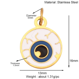 Detail of stainless steel blue evil eye pendant showing size and material specifications