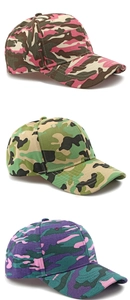Detail view showing three camouflage baseball caps in pink, green, and purple patterns