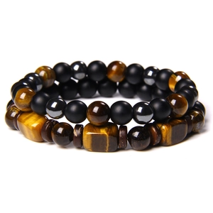 Handgefertigtes zweilagiges Herren-Armband-Set mit Tigerauge-Steinen und matten Perlen