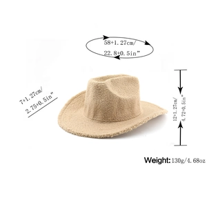 Detailed dimensions of beige shearling cowboy hat with 58cm circumference and 7cm brim