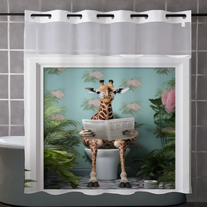 Detail of waffle weave shower curtain with giraffe illustration and metal rings
