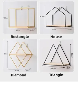 Detailed dimensions of geometric metal wall shelves in rectangle, house, and diamond shapes