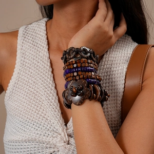 Bracciale Multistrato Di Perline In Legno Di Guscio Di Cocco Bohémien Etnico Retrò Fiore Elastico Fatto A Mano Per Donne