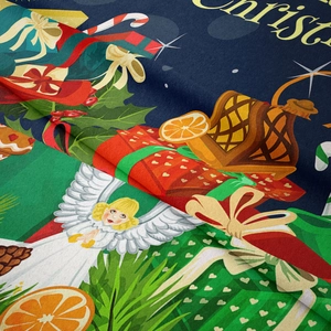 Macro shot of Christmas tapestry fabric showing festive patterns and textile texture