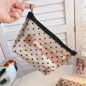 Minimalist heart print mesh cosmetic bag with round zipper pull and top handle