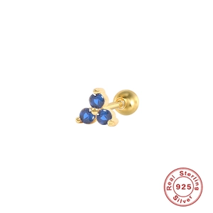 Detailed view of S925 sterling silver triangle gold stud with three blue gemstones