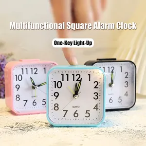 Square minimalist quartz alarm clock set in pink, blue and black with top backlight button