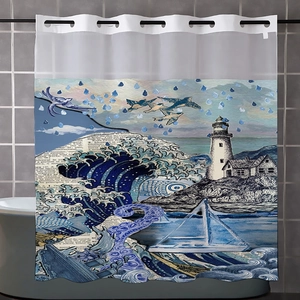 Close-up of waterproof shower curtain with vintage ocean wave, lighthouse and boat patterns