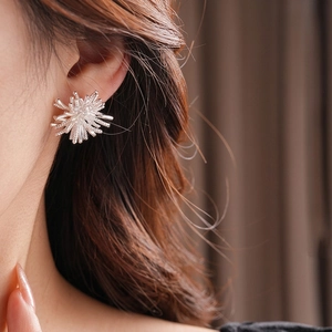 Elegant silver fireworks zircon stud earrings in snowflake shape worn by a model