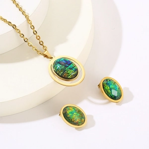 Golden titanium steel jewelry set featuring oval abalone shell pendants and studs