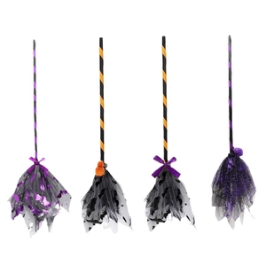 Set of 4 LED Halloween witch brooms with bat and spider web tulle for party decor