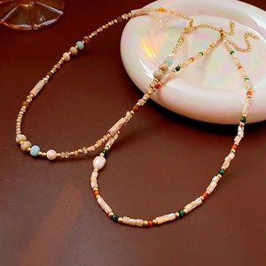 Baroque freshwater pearl and colorful natural stone beaded necklace with gold accents
