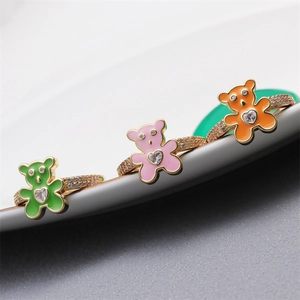 Adjustable Ring Copper Gold Plated Colorful Enamel Bear Heart Shaped Zircon Cute Fashion Jewelry For Women