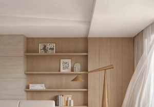 Modern minimalist living room scene with wooden bookshelf and cozy warm interior decor