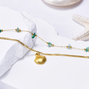 Beach style double-layer titanium steel anklet with green stones and gold seashell charm