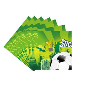 Stack of green soccer party napkins with trophy and goal prints for birthday table decor