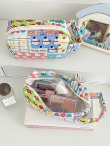 Quilted cotton vanity bag with cute cartoon prints and top handle for stationery storage