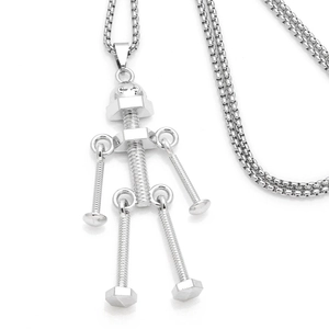 Collier avec pendentif robot industriel argenté et pièces de vis sur chaîne à billes carrée