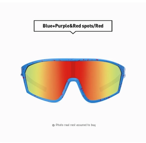 Detail of blue frame with red and purple splatter pattern and orange mirrored lenses