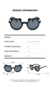 Size guide for children's folding panda sunglasses showing PC frame and AC lens dimensions