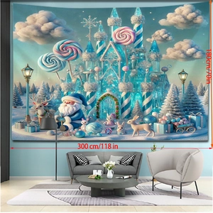 300x180cm extra wide Christmas tapestry featuring blue fantasy castle and Santa Claus