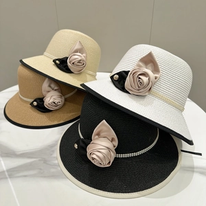 Chapeau Cloche Élégant Paille Femmes Künstliche Perle Satin Rose Décoration Protection Solaire Été Vacances Plage Respirant Large Bord