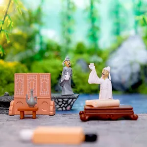 Miniature ancient Chinese scholar figurines with screen and tea set for DIY garden decor