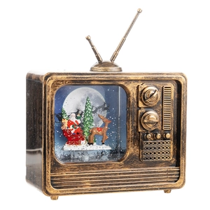 Vintage TV Christmas music box with glowing snow globe and reindeer scene ornament