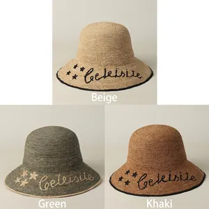 Foldable raffia sun hat for women featuring embroidered stars and letters in three colors