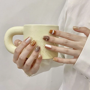 Handmade caramel ombre cat eye press-on nails set with pearls and metal accents