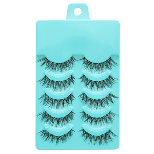 Five pairs of natural crossed curly black false eyelashes in a turquoise tray