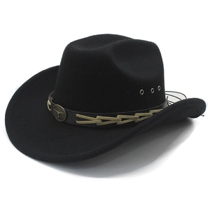 Cappello da cowboy western in lana nera con fascia in pelle e decoro testa di toro