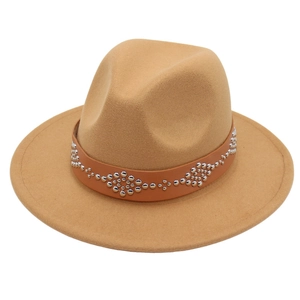 French style wool felt fedora hat with camel wide brim and rivet leather band