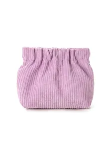 Detailed texture of lavender corduroy pouch with flexible spring closure for small items