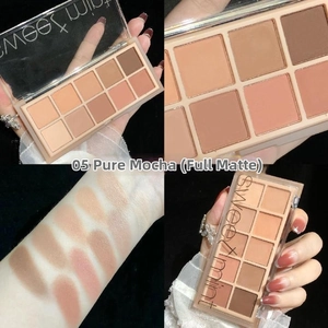 Arm swatches and matte textures of 10-color earthy mocha eyeshadow palette