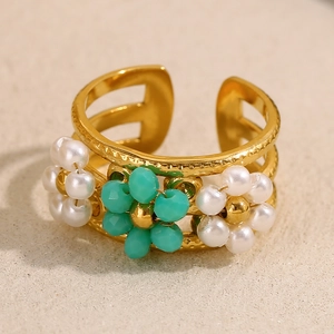 Bague Ouverte Fleur Bohème Acier Inoxydable Plaqué Or 18K Perles Faites À La Main Ajustable Bijoux Pour Femmes