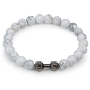 Macro shot of white marble beads and a metal dumbbell bead engraved with LIVE and LIFT