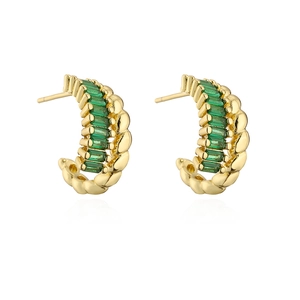 Detail of 18K gold plated C-shaped earrings with inlaid green rectangular zircons