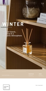 Aromatic reed diffuser set in a glass bottle on a wooden shelf with cozy home decor