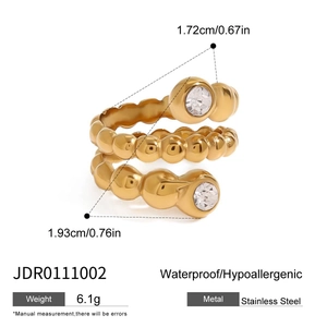 Bague spirale à trois couches en acier inoxydable doré avec zircons blancs et envergure 1,93 cm