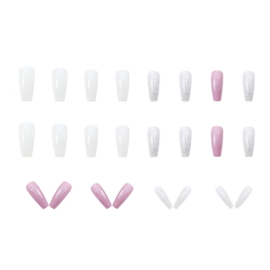 Pink and white glitter coffin press-on nails with 24 pieces in a set for manicure