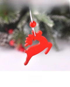 Front and back detail of a red wooden reindeer Christmas ornament with white hanging cord