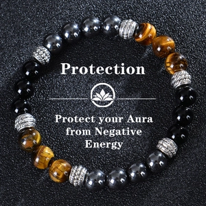 Detail view of tiger eye and obsidian beads with protection text and lotus icon
