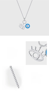 Close-up of s925 sterling silver hollow eyelashes and blue enamel evil eye pendant charm