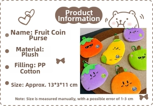Detail view of plush fruit coin purses showing soft fabric and metal lobster clasp