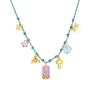 Bohemian woven cord necklace featuring sun star charms and colorful butterfly pendants
