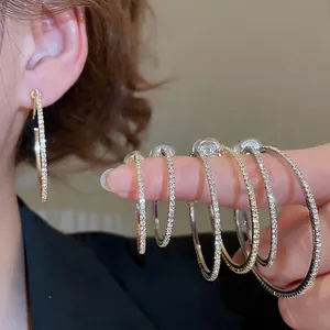 Shiny Rhinestone Hoop Earrings Copper Fashion Luxury Round Circle Jewelry With 925 Sterling Silver Earring Post For Women