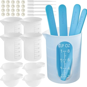 DIY resin tool set including 100ml silicone measuring cups with scales and blue stir sticks