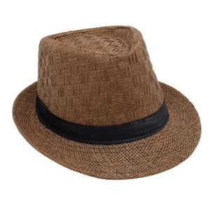 Close-up of the breathable paper straw weaving and black ribbon on a brown fedora hat