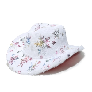 White faux fur bucket hat with colorful metallic snowflake patterns for Christmas parties